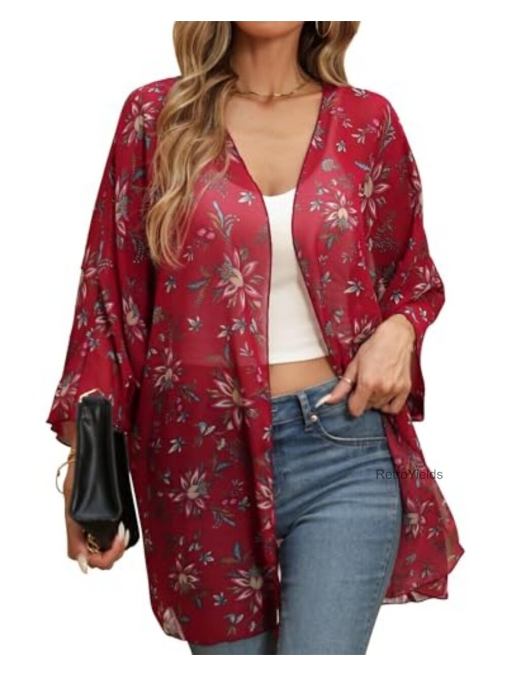 Chiffon Open Front Kimono Cardigan 3/4 Sleeve Floral Beach Cover-Up